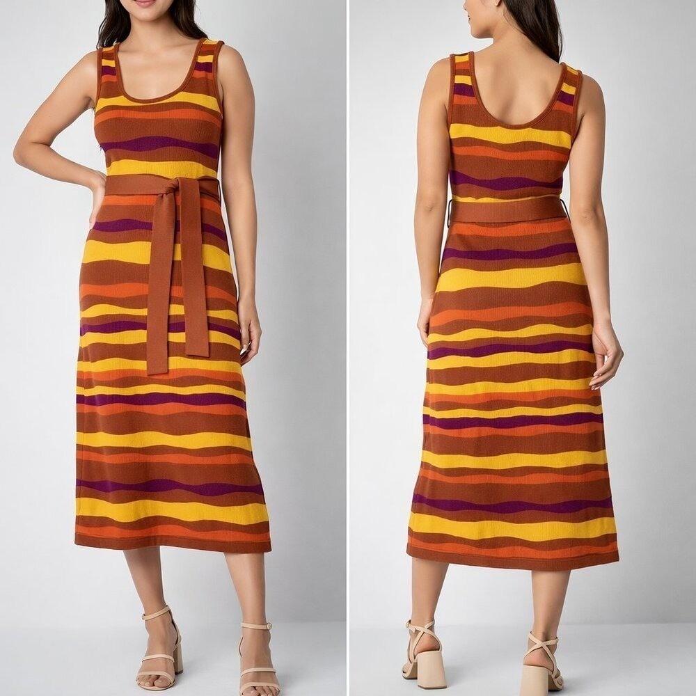 Worthington New Brown Stripe Belted Sleeveless Midi Sweater Dress SZ XL Retro